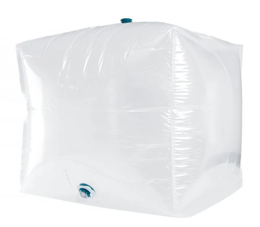 Smart Fluid Pac form-fit liner filled to its full cubic shape, top fitment and bottom discharge valve